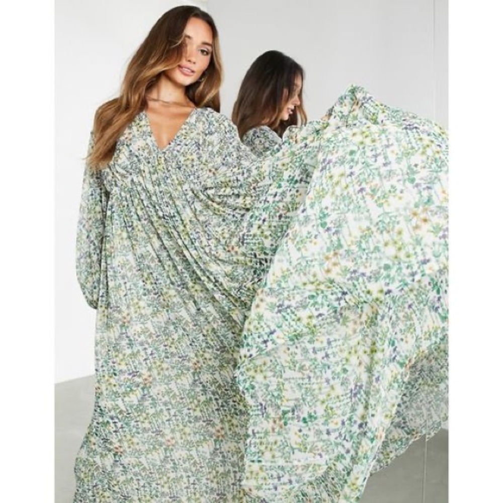 ASOS EDITION TRAPEZE MAXI DRESS WITH BLOUSON SLEEVE IN FLORAL PRINT